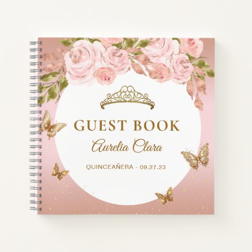 Floral Blush Pink Gold Tiara Butterfly  Guest Book