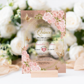Floral Blush Pink Gold Tiara Butterfly Quinceañera Acrylic Invitations