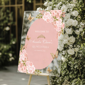 Floral Blush Pink Gold Tiara Butterfly Quinceañera Acrylic Sign