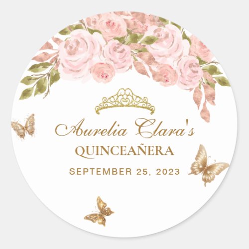 Floral Blush Pink Gold Tiara Butterfly Quinceaera Classic Round Sticker
