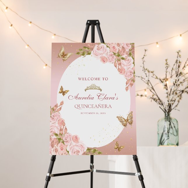 Floral Blush Pink Gold Tiara Butterfly Quinceañera Foam Board (In Situ (Stand))