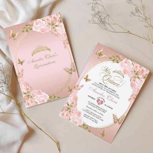 Floral Blush Pink Gold Tiara Butterfly Quinceaera Invitation