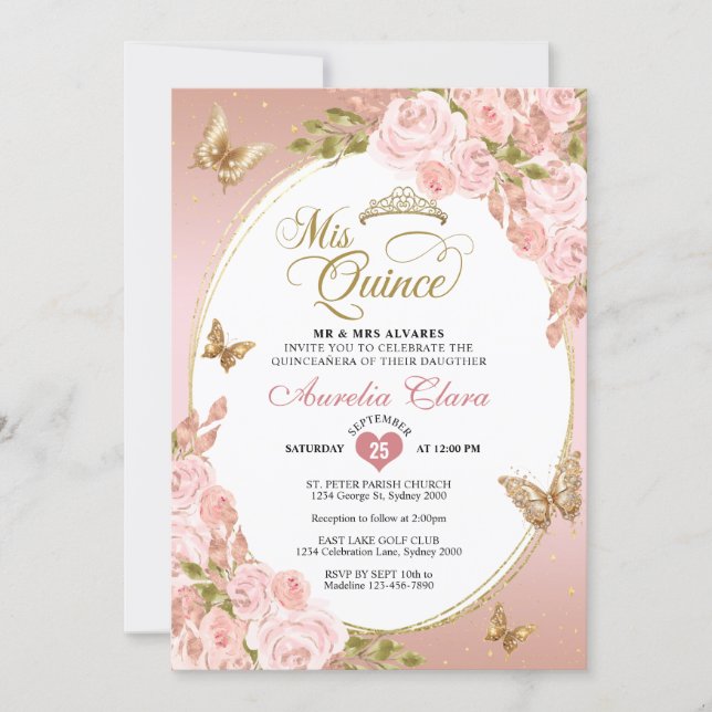 Floral Blush Pink Gold Tiara Butterfly Quinceañera Invitation