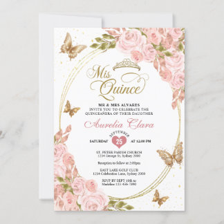 Floral Blush Pink Gold Tiara Butterfly Quinceañera Invitation