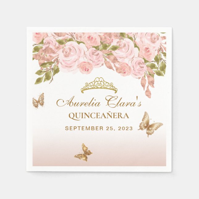 Floral Blush Pink Gold Tiara Butterfly Quinceañera Napkins (Front)