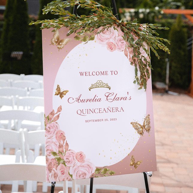 Floral Blush Pink Gold Tiara Butterfly Quinceañera Poster (Creator Uploaded)
