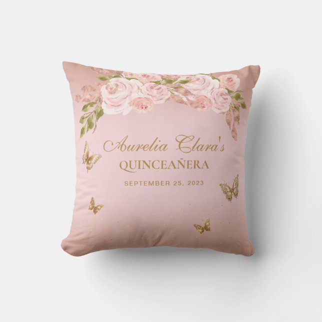 Floral Blush Pink Gold Tiara Butterfly Quinceanera Throw Pillow (Front)