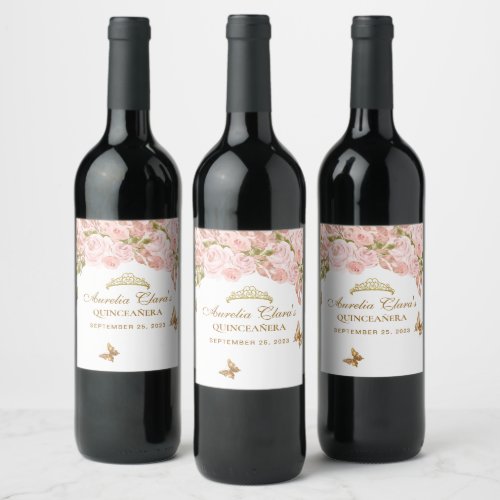 Floral Blush Pink Gold Tiara Butterfly Quinceaera Wine Label