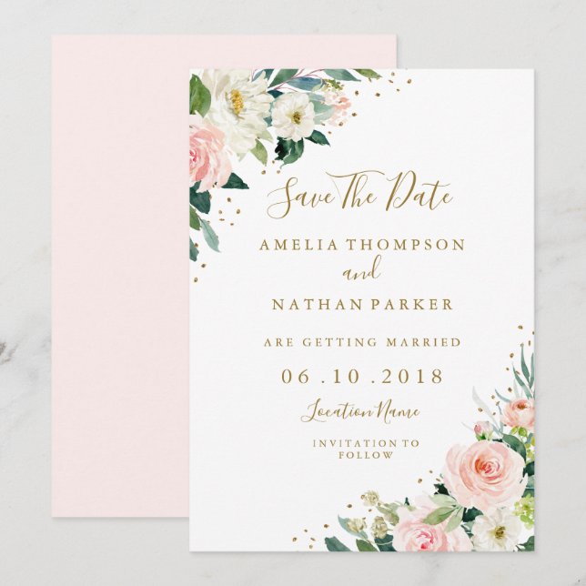 Floral Blush Pink Gold Wedding Save The Date Invitation (Front/Back)
