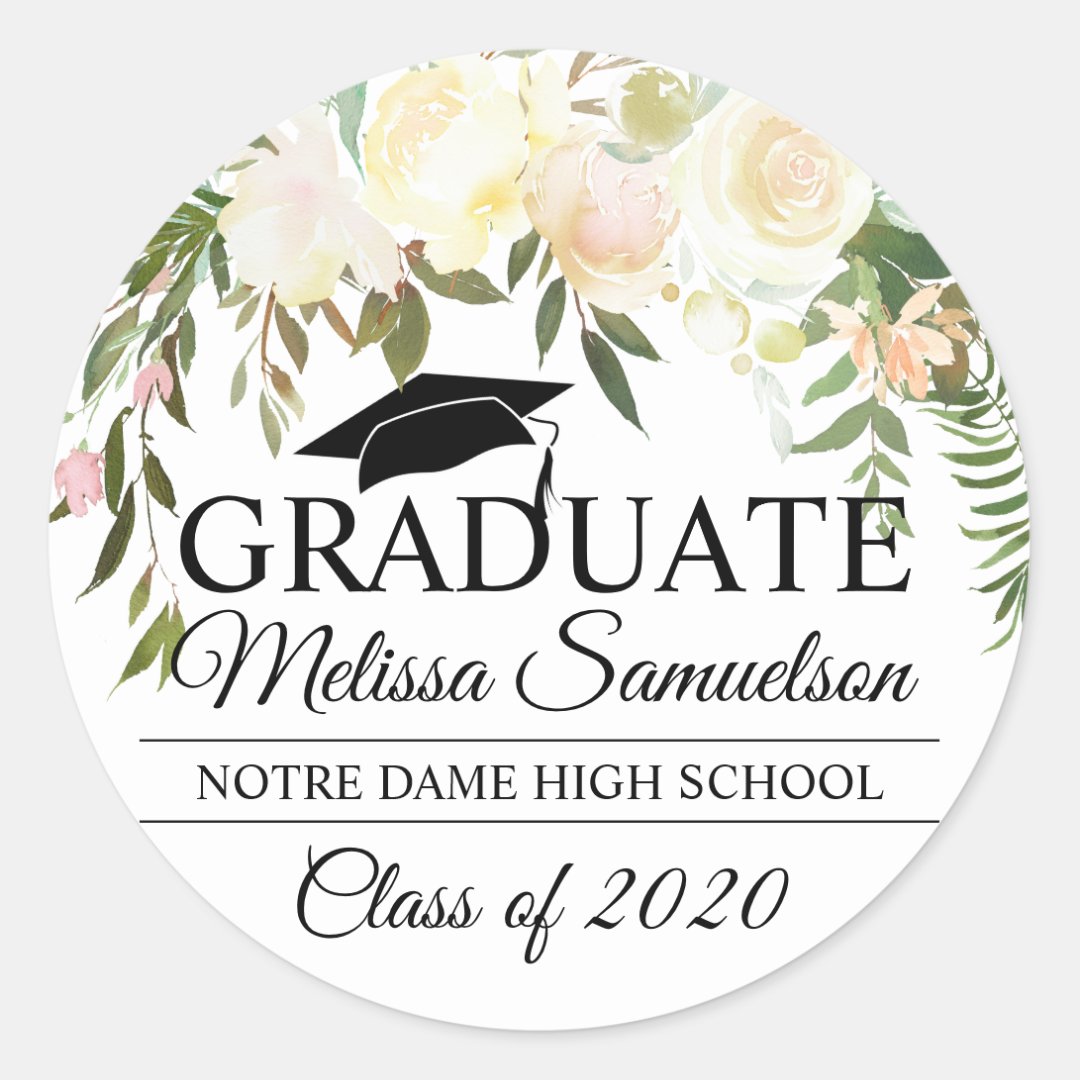 Floral Blush Pink GRADUATE Graduation Cap Classic Round Sticker | Zazzle