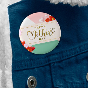 Floral Blush Pink Green White Gold Mothers Day Button