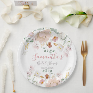 Floral Blush Pink Greenery Elegant Bridal Shower Paper Plates