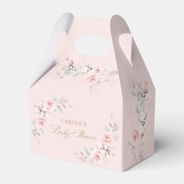 Floral Blush Pink Greenery Gold Baby Shower Favor Boxes (Front Side)