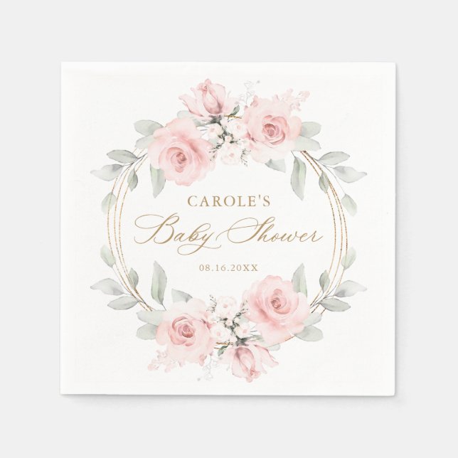 Floral Blush Pink Greenery Gold Baby Shower Napkins (Front)