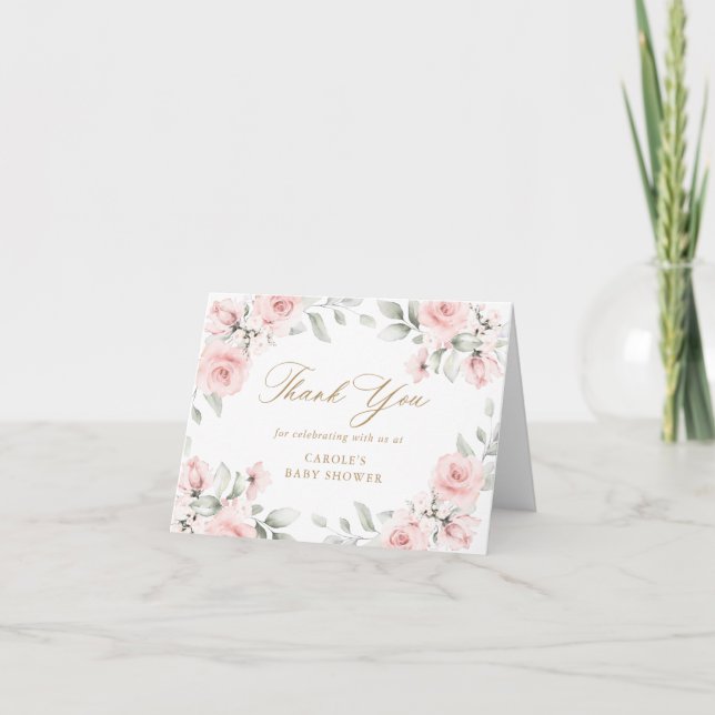 Floral Blush Pink Greenery Gold Baby Shower Thank You Card (Front)