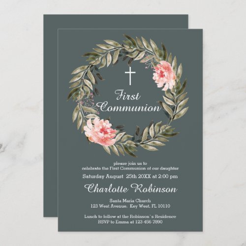 Floral Blush Pink Grey Communion Invite