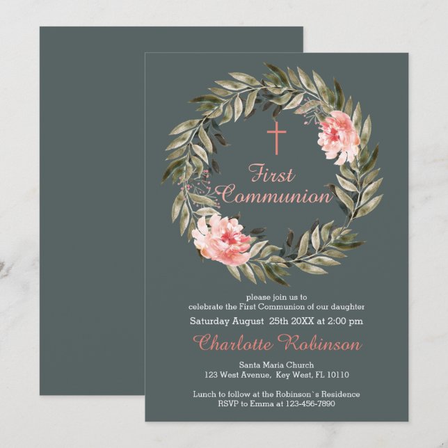 Floral Blush Pink Grey Communion Invite (Front/Back)