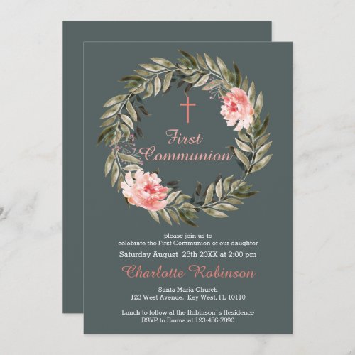 Floral Blush Pink Grey Communion Invite