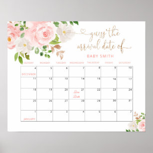 Floral blush pink Guess the due Date calendar Poster