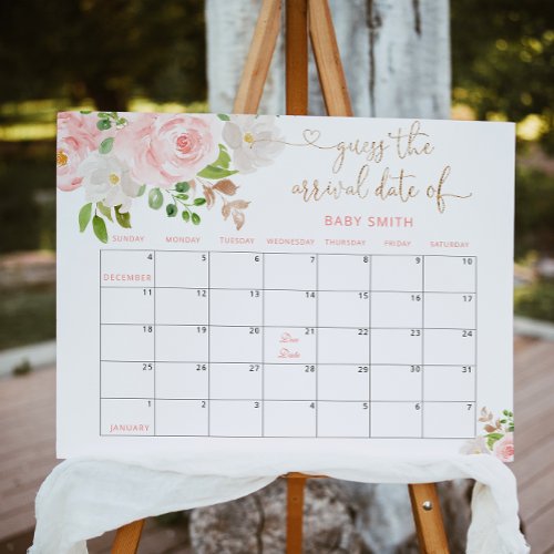 Floral blush pink Guess the due Date calendar Poster