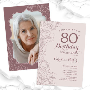 Floral Blush Pink Mauve Photo 80th Birthday Party Invitation