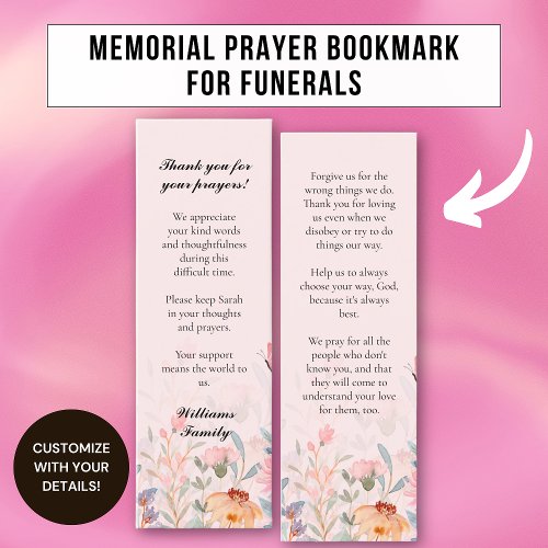 Floral Blush Pink Memorial Prayer Card Bookmark