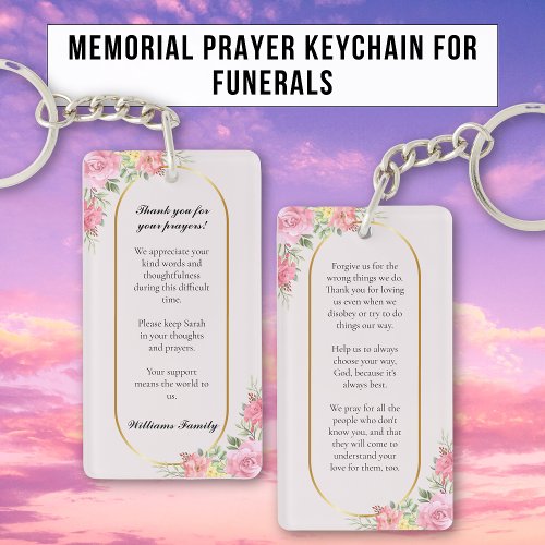 Floral Blush Pink Memorial Prayer Card  Keychain