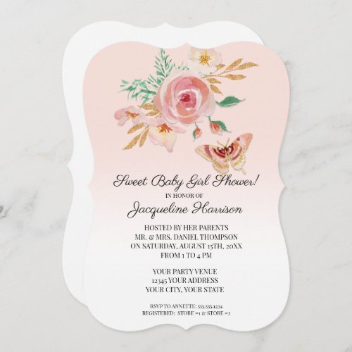 Floral Blush Pink Modern Gold Butterfly Baby Girl Invitation