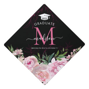 Floral Blush Pink Monogram Girly Script Class Grad Graduation Cap Topper