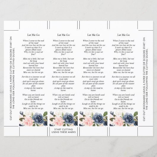 Floral Blush Pink Navy Blue Funeral Bookmark (Back)