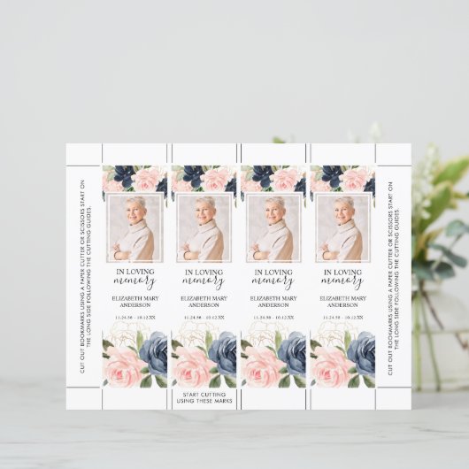 Floral Blush Pink Navy Blue Funeral Bookmark (Standing Front)