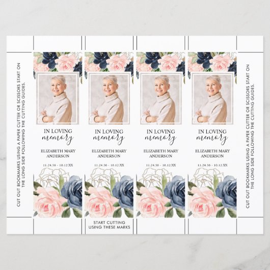 Floral Blush Pink Navy Blue Funeral Bookmark (Front)