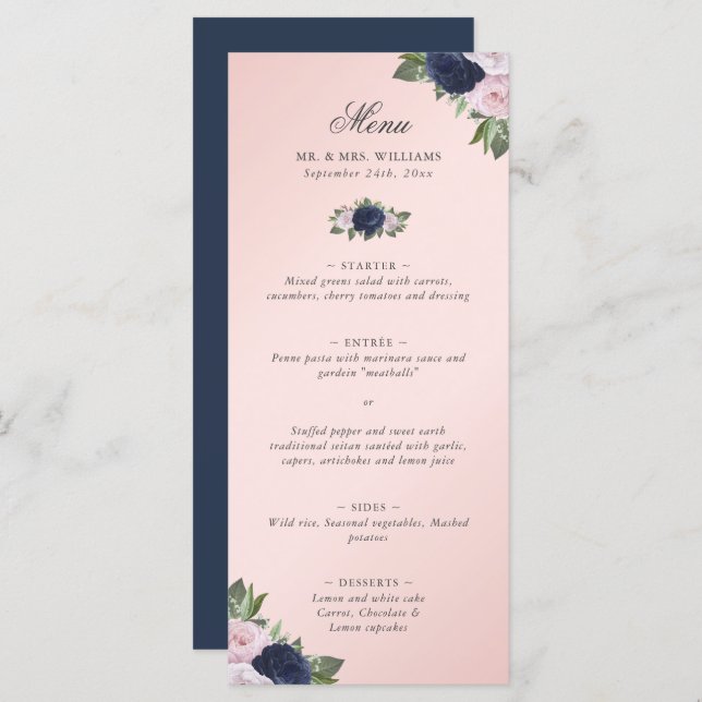 Floral Blush Pink Navy Blue Wedding Menu (Front/Back)