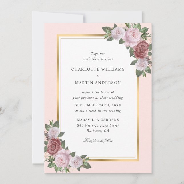 Floral Blush Pink Peach Gold Frame Rustic Wedding Invitation (Front)