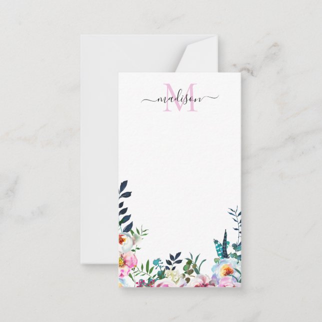 Floral Blush Pink Peony Modern Botanical Monogram Note Card (Front)