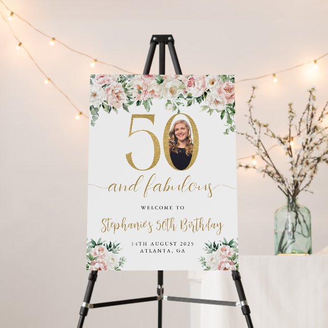 Floral Blush Pink Photo 50th Birthday Welcome Sign (In Situ (Stand))