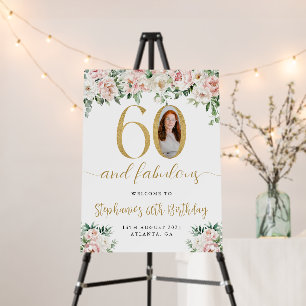 Floral Blush Pink Photo 60th Birthday Welcome Sign