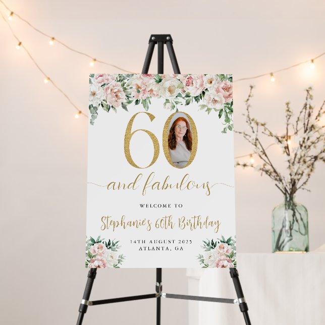 Floral Blush Pink Photo 60th Birthday Welcome Sign (In Situ (Stand))