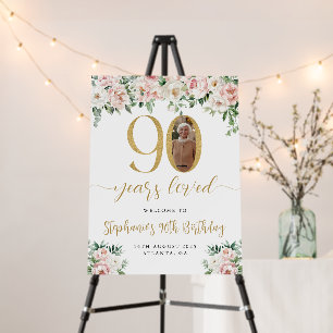 Floral Blush Pink Photo 90th Birthday Welcome Sign