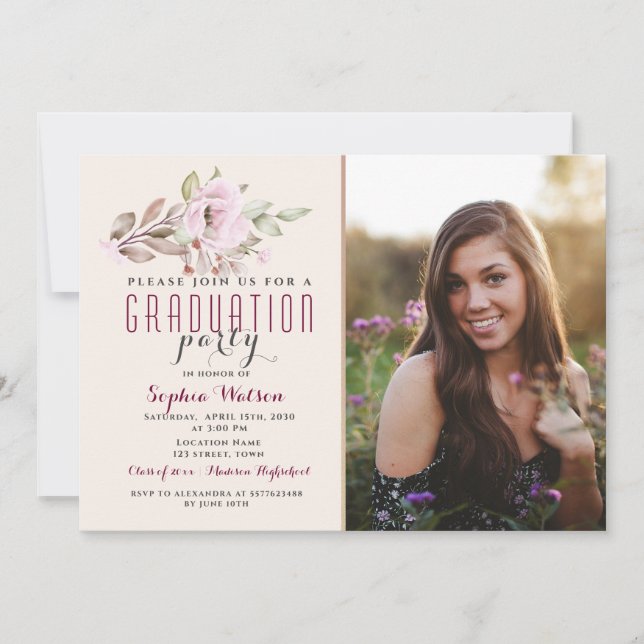 Floral Blush Pink Photo Graduation Invitation (Front)