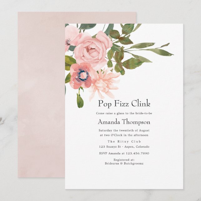 Floral Blush Pink Pop Fizz Clink Bridal Shower Invitation (Front/Back)