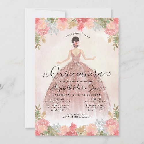 Floral Blush Pink Princess Birthday Quinceanera Invitation