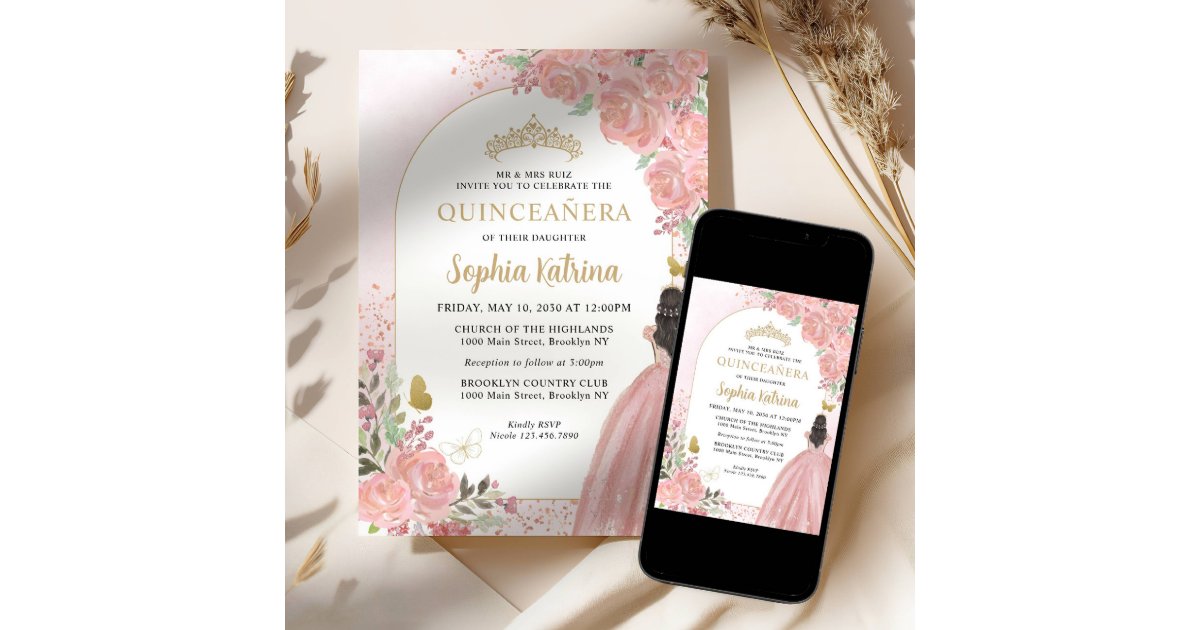 Floral Blush Pink Princess Birthday Quinceanera Invitation