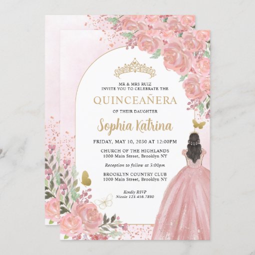 Floral Blush Pink Princess Birthday Quinceanera Invitation | Zazzle