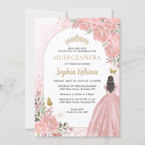 Floral Blush Pink Princess Birthday Quinceanera Invitation