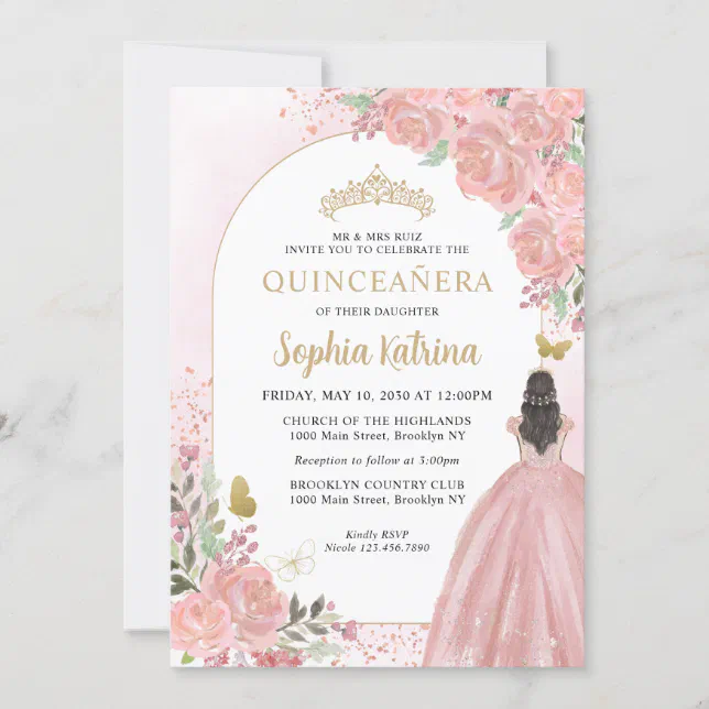 Floral Blush Pink Princess Birthday Quinceanera Invitation | Zazzle