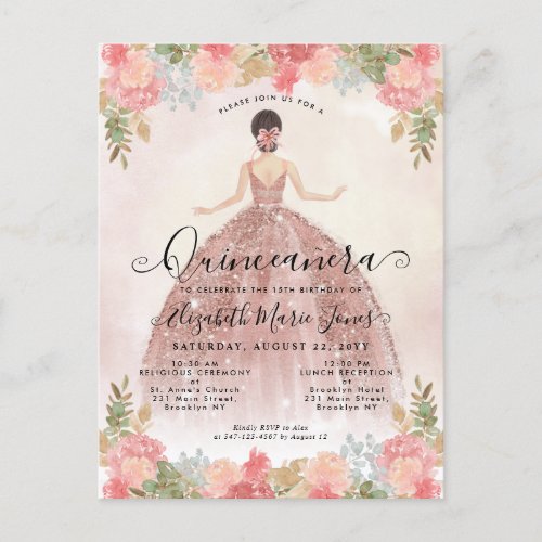 Floral Blush Pink Princess Birthday Quinceanera Invitation Postcard