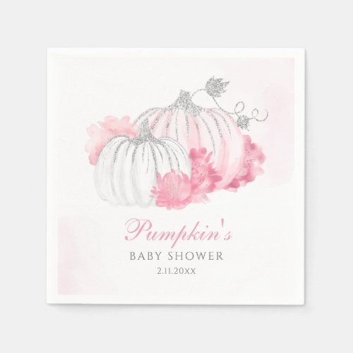Floral Blush Pink Pumpkin Girl Baby Shower Napkins