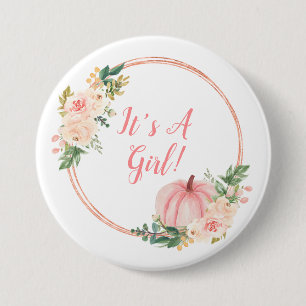 Floral Blush Pink Pumpkin It's A Girl Button