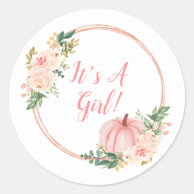 Floral Blush Pink Pumpkin It's A Girl Classic Round Sticker | Zazzle